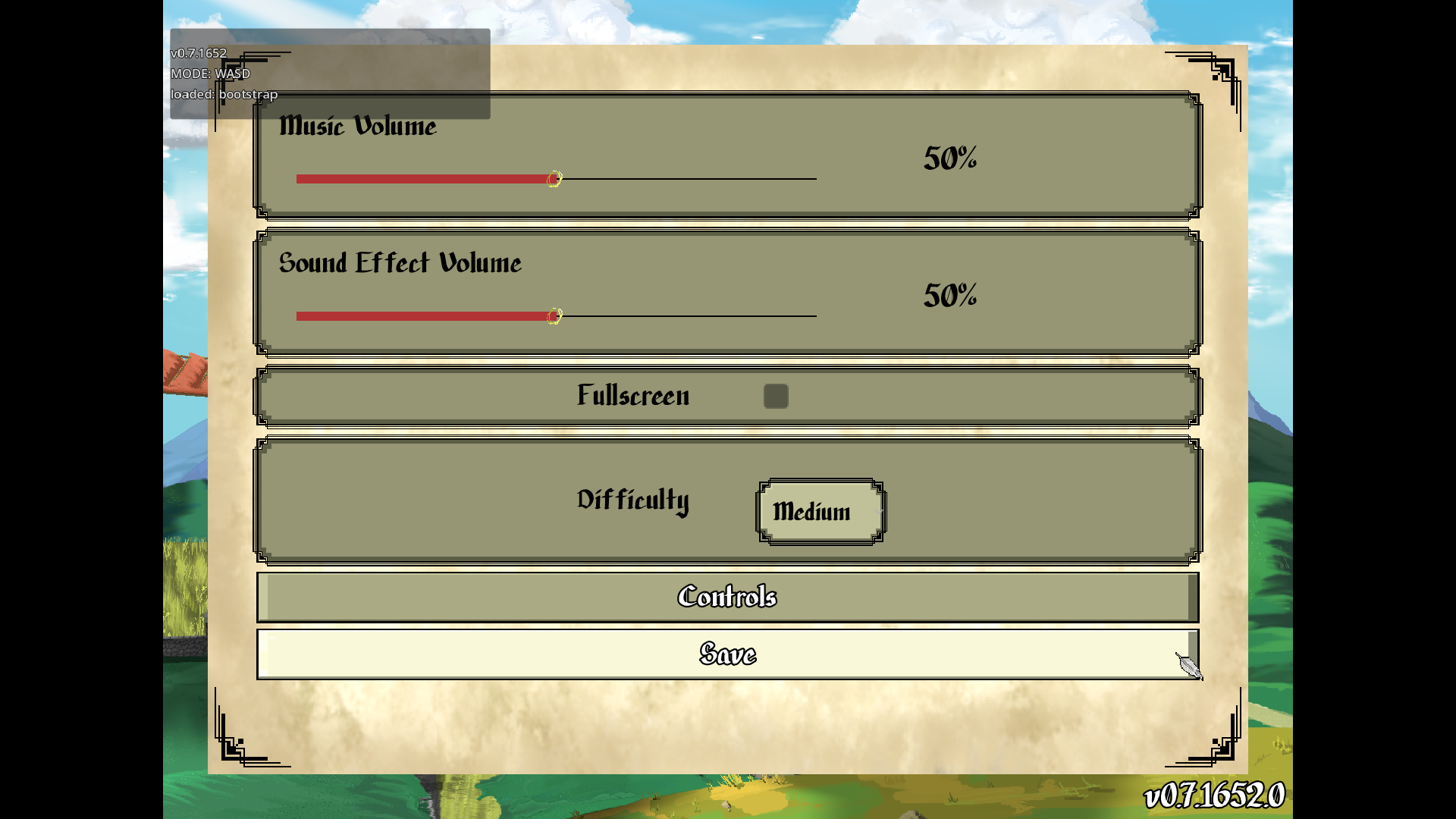 Options menu — settings UI (DEBUG BUILD)