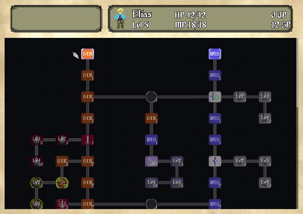 The skill tree, unlock nodes to grow each hero