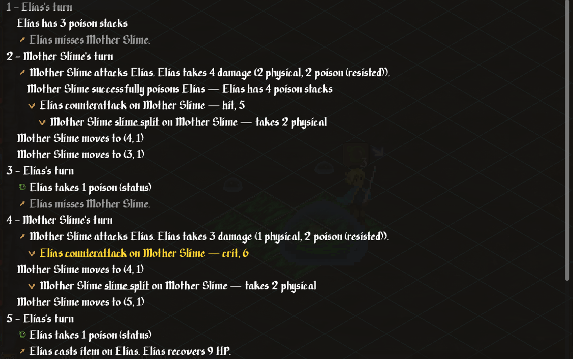 The combat log mid-fight. An indented line was caused by the line above it.
