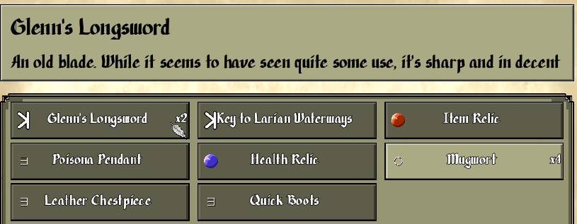 The Items menu, your consumables, each with a quantity; relics appear here too.