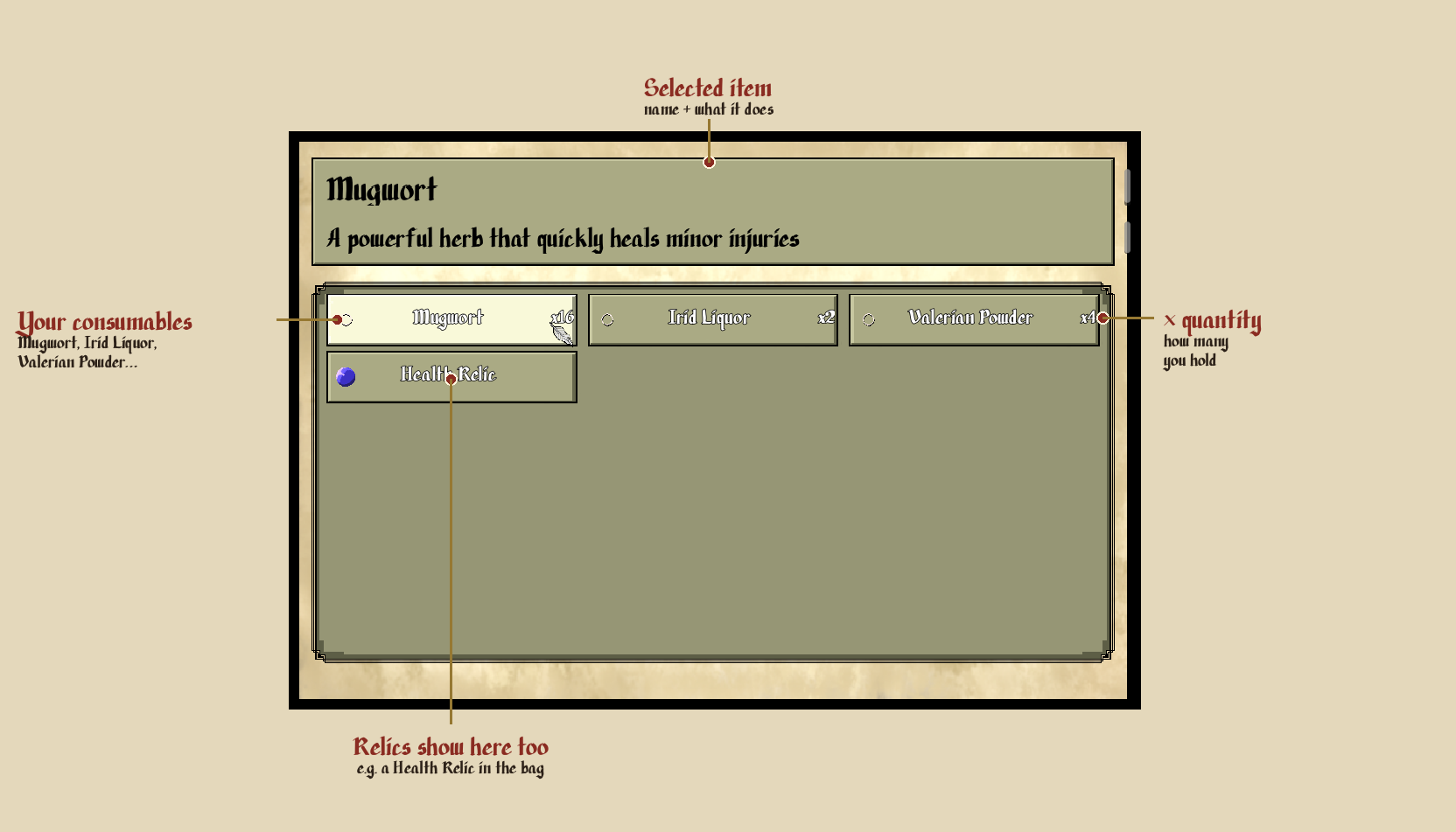 The Items menu, your consumables, each with a quantity; relics appear here too.