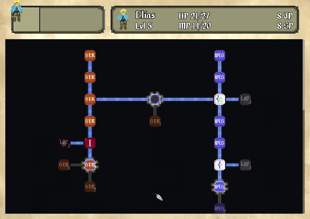 The Skill Tree. Owned nodes and the links between them glow; the tree is taller than the screen, so it scrolls.