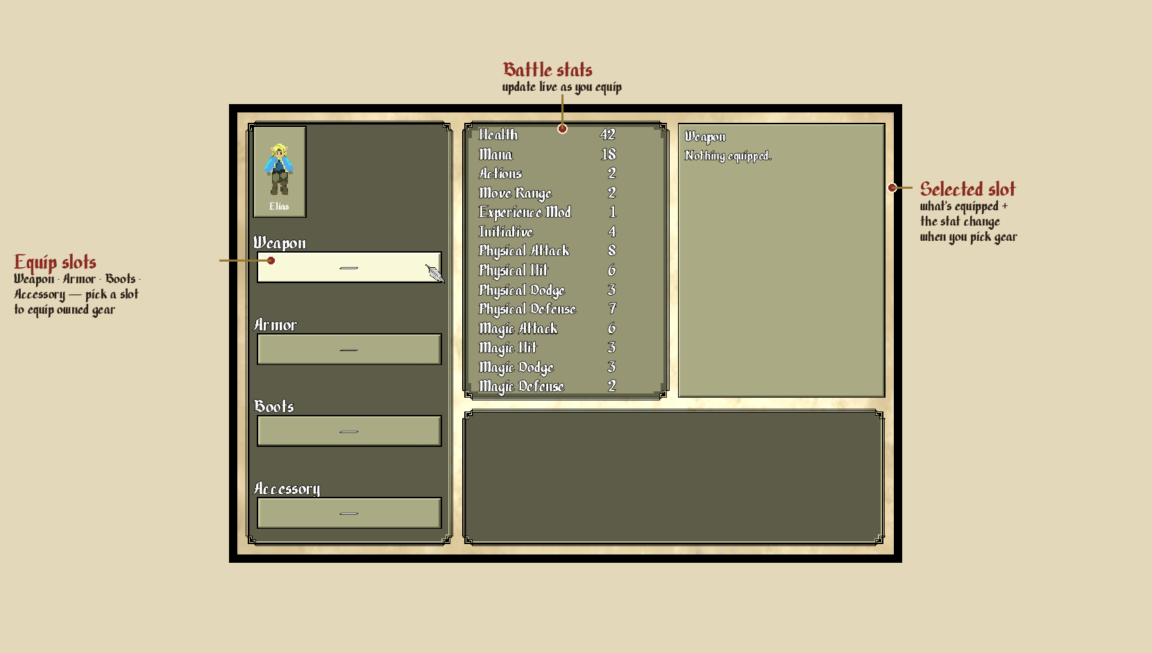 The Equipment menu, pick a slot, choose owned gear; your battle stats update live.