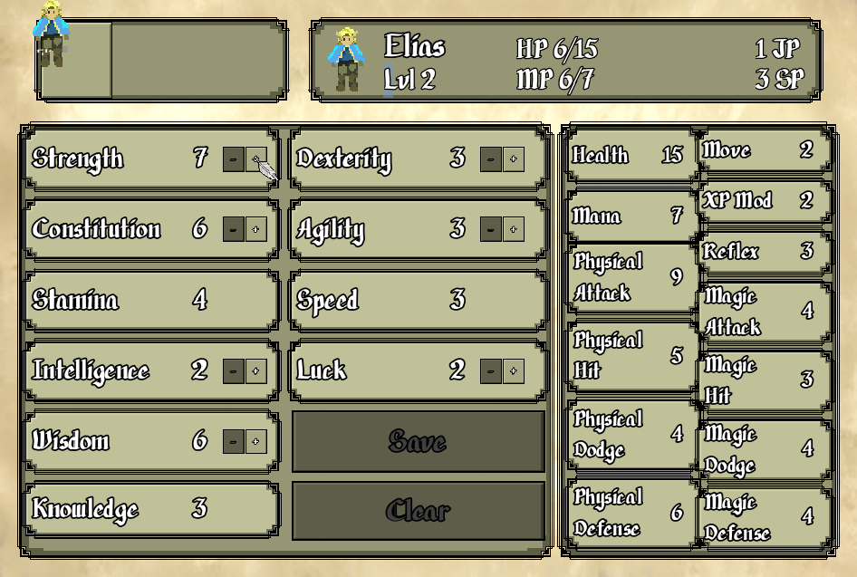 The Status menu. JP and SP sit in the bar at the top; the battle stats on the right recalculate as you spend.