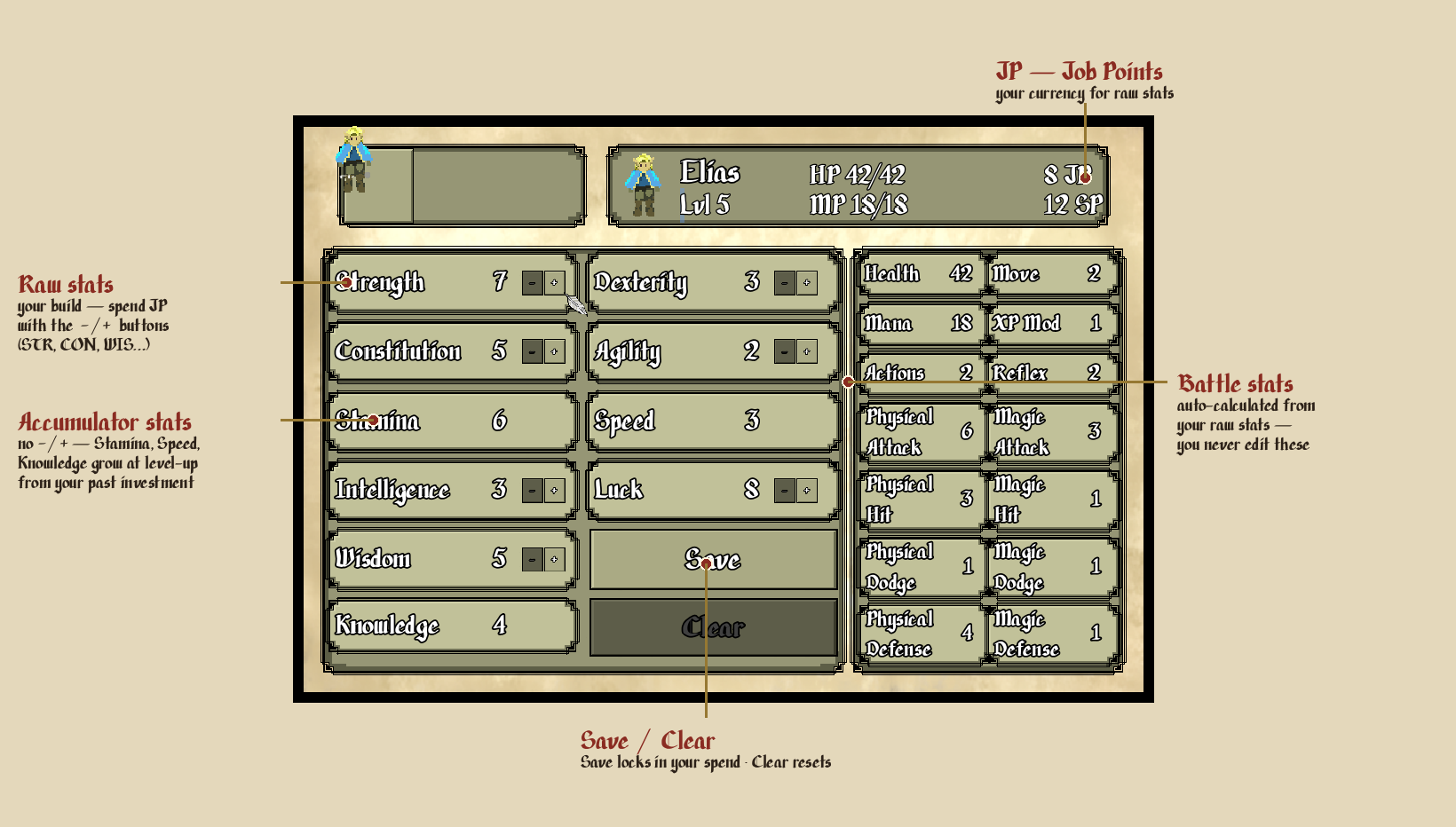 The Status menu, spend JP on raw stats with the − / + buttons, then Save.