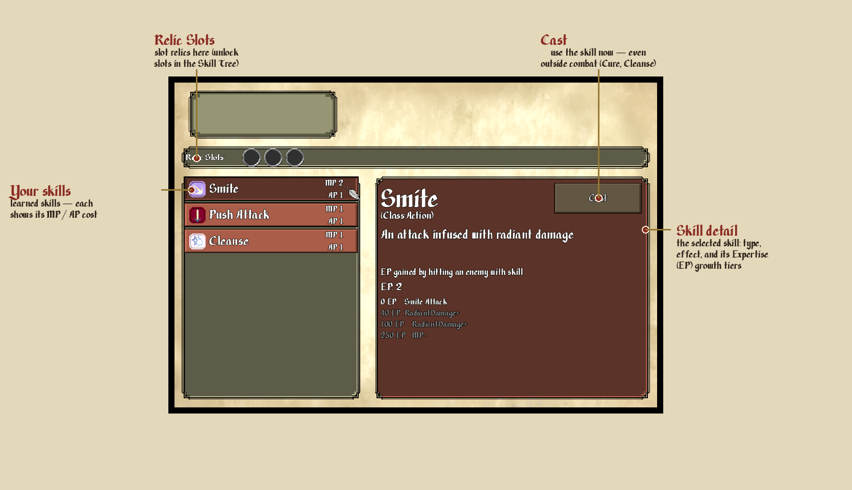 The Skills menu, your skills, the Relic Slots, and the skill detail panel.