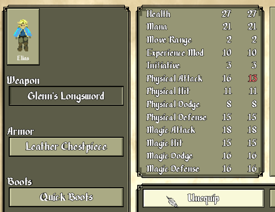 The Equipment menu. Selecting Unequip on the sword previews the result: Physical Attack would fall from 16 to 13, shown in red beside the current value.